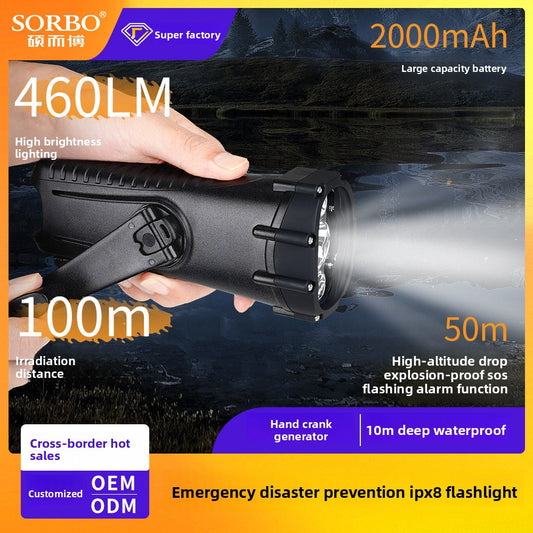 Hand-Crank Emergency LED Flashlight with Radio, Loud Alarm, Strong Light, Explosion-Proof and Waterproof for Outdoor Use