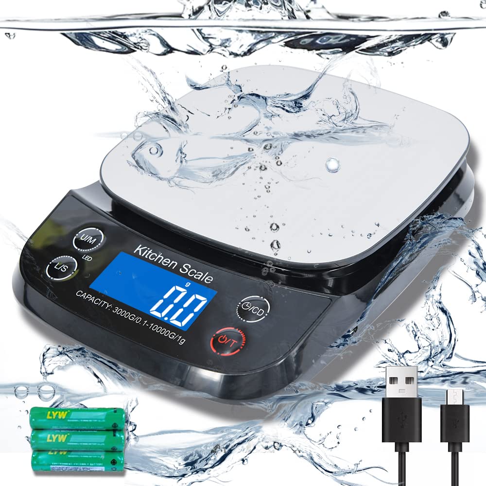 Waterproof Food Kitchen Scale 22lb Digital Scale Weight Grams and Oz, Washable, USB Rechargeable, 304 Stainless Steel, 0.1oz/0.5g Precise Graduation, 5 Units for Baking and Cooking